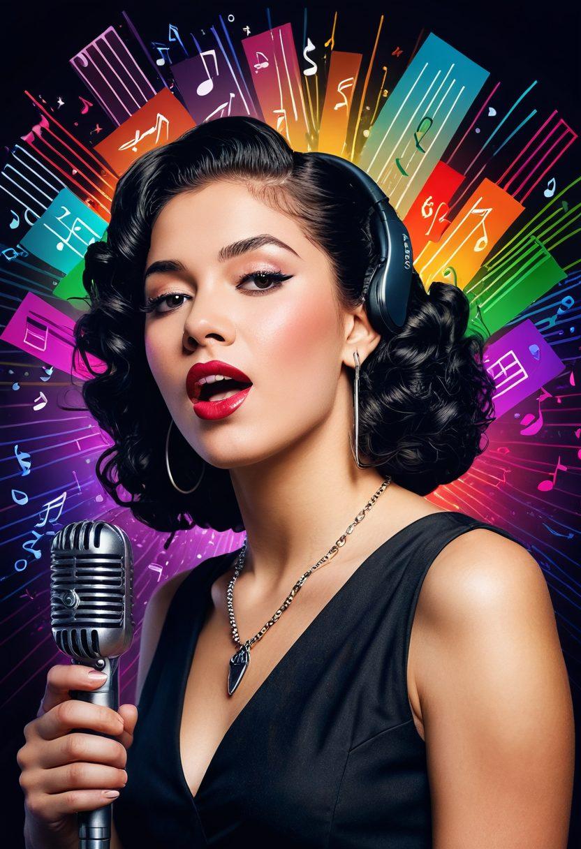 A captivating portrait of Rhema Marvanne singing passionately into a vintage microphone, with vibrant musical notes and viral video icons swirling around her. Include a background blending concert stages and chart-topping album covers. Super-realistic. Vibrant colors.